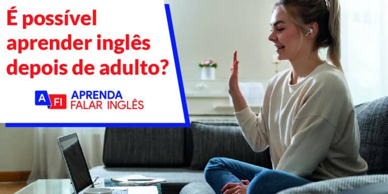 Em texto: aprender inglês depois de adulto? Imagem: mulher olhando para notebook e dando tchau com mão