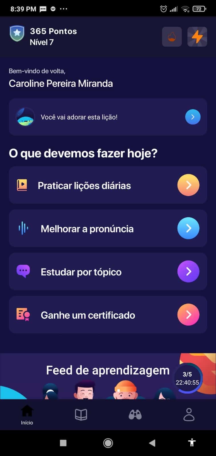 Mostra a utilização do aplicativo ELSA SPEAK 