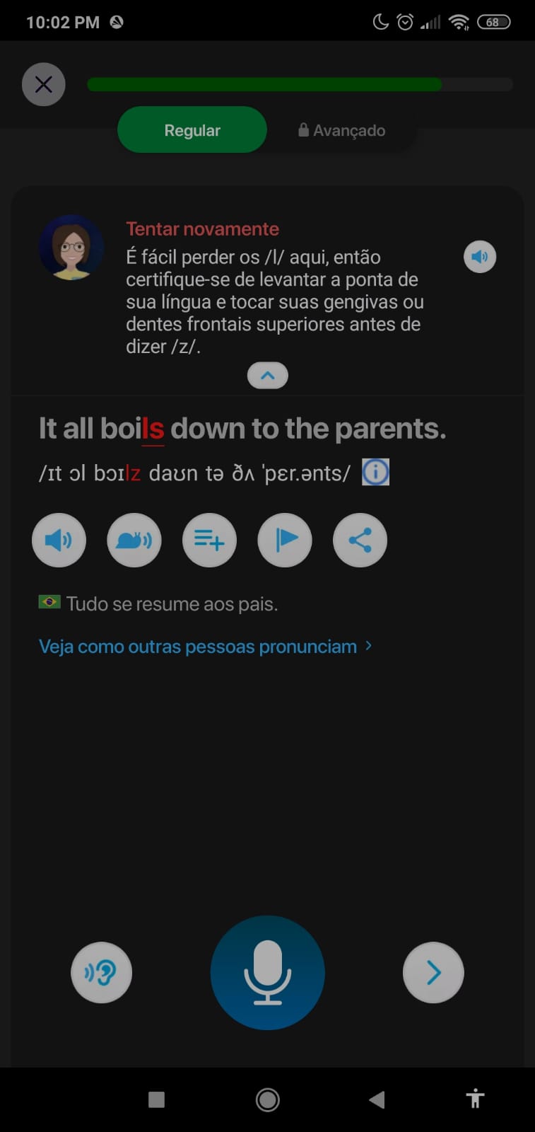 Mostra a utilização do aplicativo ELSA SPEAK 