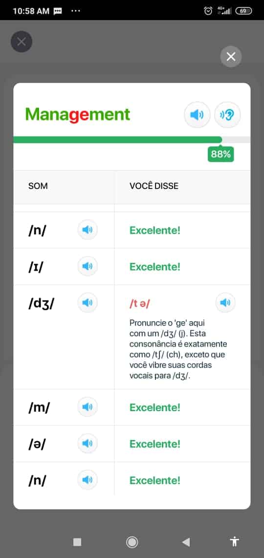 Mostra a utilização do aplicativo ELSA SPEAK 