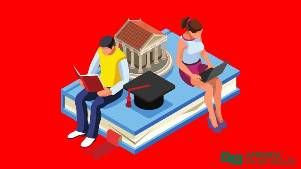 Dois estudantes encima de um livro, estudando, e uma miniatura de um desenho de faculdades. Representa o estudo.