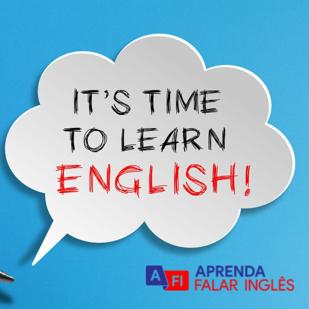 Quadro mostra uma caixa de testo escrito It's time to learn english
