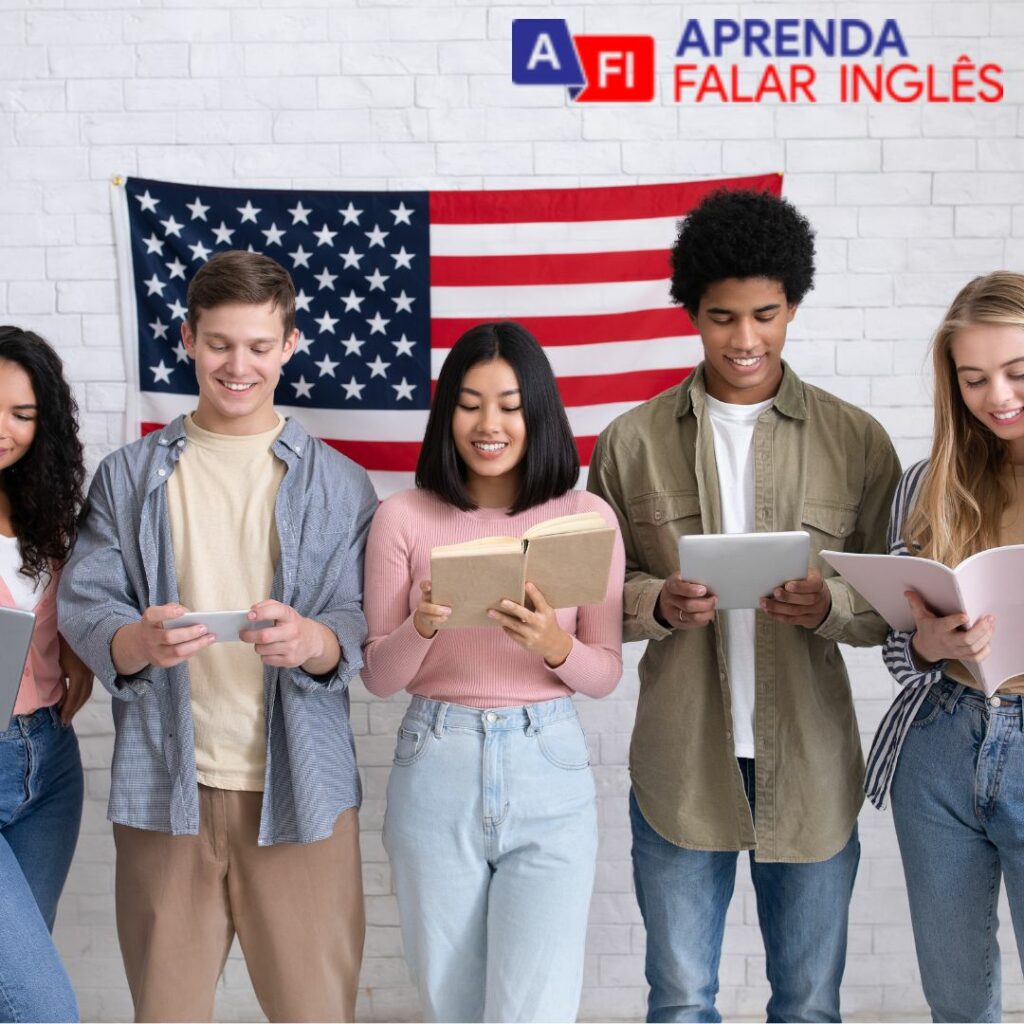 Quadro mostra alunos com livros na mão e a bandeira ao fundo